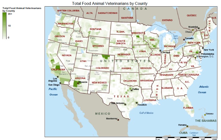 Total food animal veterinarians by county (source: AVMA)