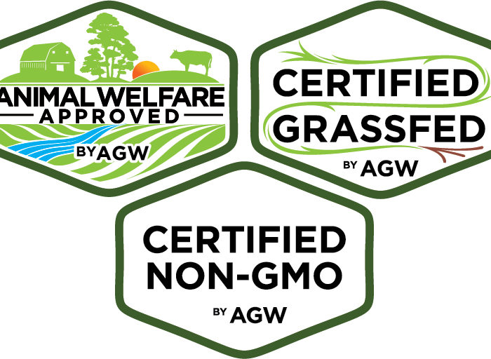 Certified Animal Welfare Approved by AGW, Certified Grassfed by AGW, Certified Non-GMO by AGW logos